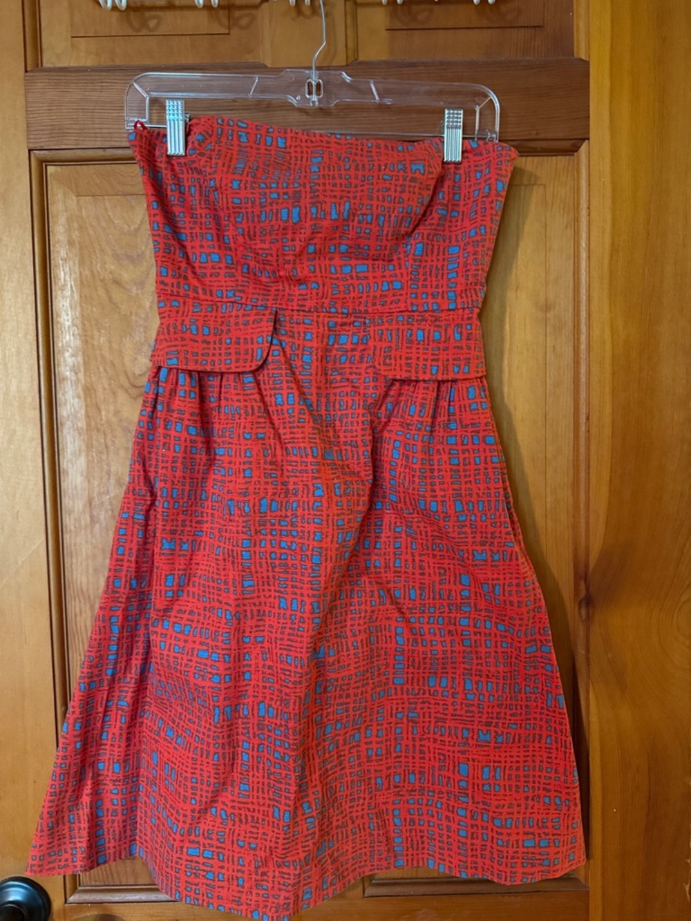 Anthropologie Strapless Red Dress with Blue Geometric Print